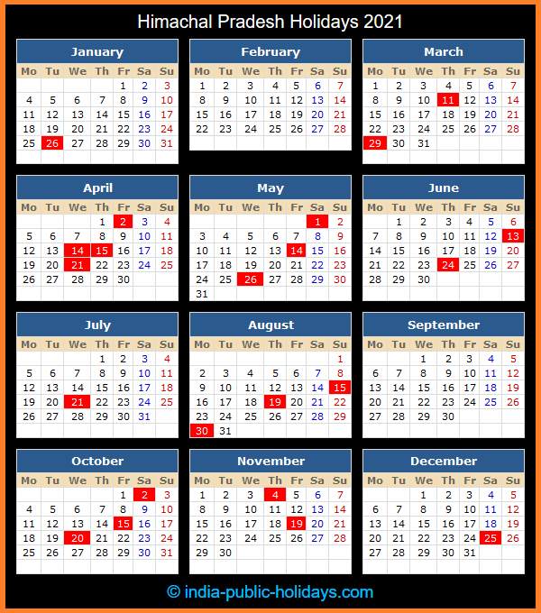Himachal Pradesh Holiday Calendar 2021